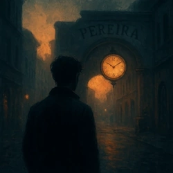 Ciudad digital en tonos cálidos con estructuras móviles y distorsiones temporales