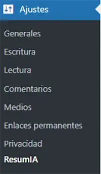 menú del administrador de WordPress. Ajustes, ResumIA