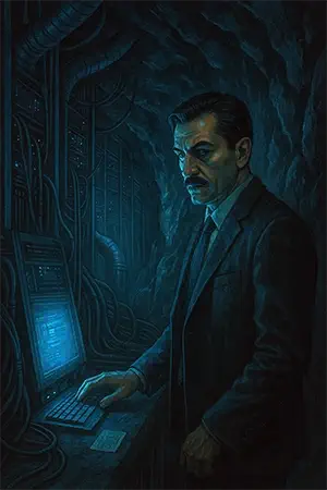 Darío frente a un terminal encendido en un búnker subterráneo en Islandia, rodeado de roca volcánica y tecnología oscura con iluminación tenue