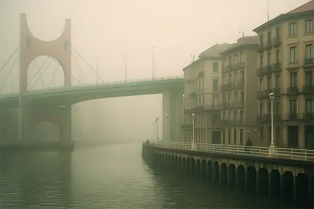 vista del puente La Salve, un día con niebla en Bilbao