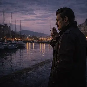 Dario observa los barcos en el puerto de Barcelona, mientras amanece, después de haber resuelto el caso