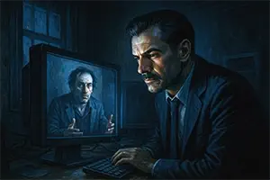 Darío observa con atención una pantalla que muestra un video de Salgari hablando en una sala oscura, ambos conectados en silencio a través de un nodo espejo