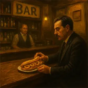 Sentado en la barra de un bar en Madrid, abriendo un bocadillo de calamares