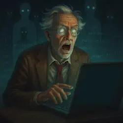 Retrato del profesor Alonzo Kierban, rodeado de etiquetas HTML y símbolos arcanos