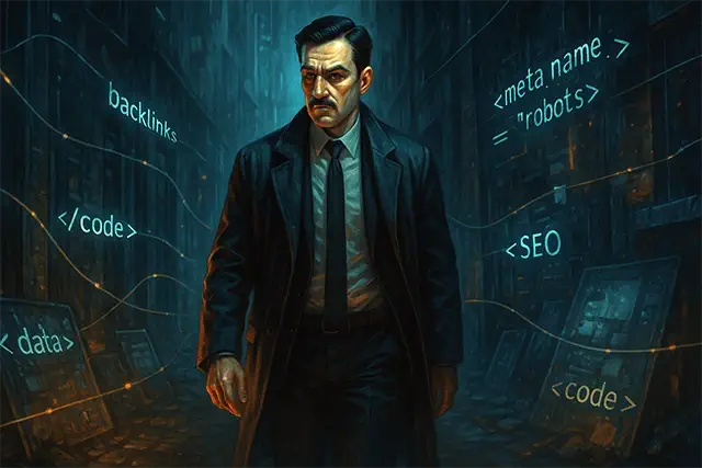 El detective Darío camina solo por un callejón digital iluminado por pantallas rotas y sombras, entre códigos y señales de crímenes por resolver