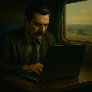 Darío volviendo a granada en el tren, mirando el portátil