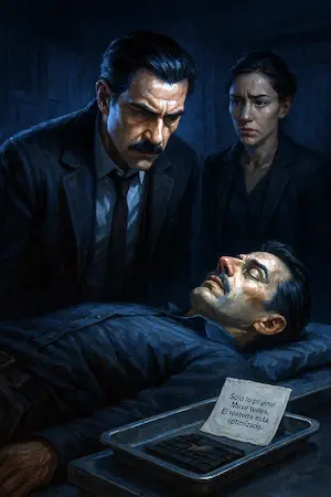 Darío y Ortega en una morgue observan un cadáver idéntico a Darío sobre una bandeja metálica junto a una nota