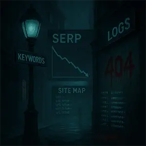 una calle con carteles de palabras de seo, sitemap, serp logs, keywords