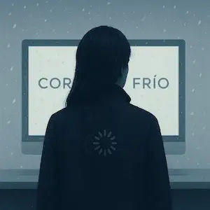 Pantalla nevada con tipografía delicada y una figura solitaria de espaldas, observando una ventana de carga detenida