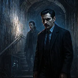 Darío y Ortega bajando por una escalera oscura hacia el sótano de un antiguo centro cultural reconvertido en búnker de datos