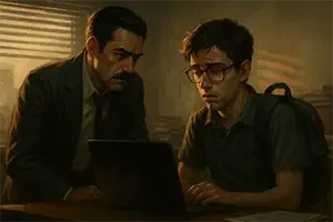 Javier el becario frente al ordenador 