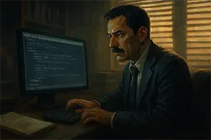 Darío revisando los metadatos en un ordenador