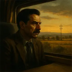 Darío mirando por la ventana del tren los campos de Granada después de resolver el caso