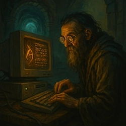 Representación del mítico programador JulianH frente a una puerta digital abierta entre líneas de código