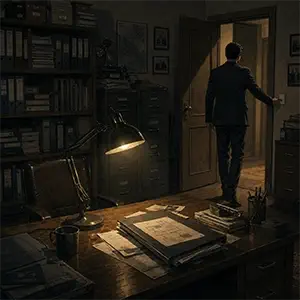 Darío apaga la luz de su despacho tras cerrar el expediente del sitemap XML y abandonar la investigación.