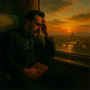 El tren sale de Sevilla al fondo la ciudad y el Guadalquivir, Darío pensativo