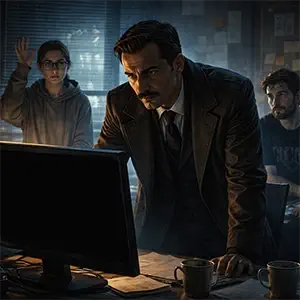 Darío frente al monitor el ordenador, Jordi lo observa sentado detrás y clara al fondo levanta la mano