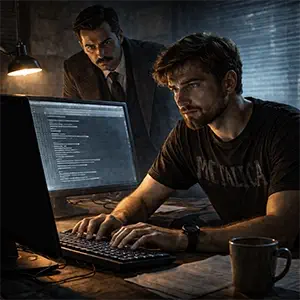 Jordi teclea el ordenador buscando el robots.txt y el sitemap.xml, mientras el detective lo observa