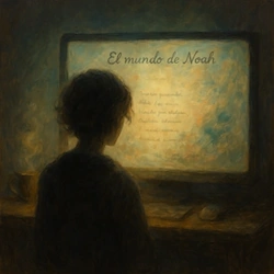 Isla flotante digital con atmósfera nostálgica, versos visuales y elementos poéticos