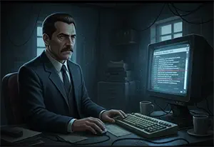 El detective Darío frente a una pantalla de ordenador investigando las tradiciones de navidad