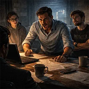 Marc, el dueño de la agencia golpea la mesa enfurecida por la perdida de la keyword, Jordi y Clara lo observan desde atrás.