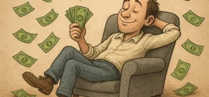 sentado en un sillón, tirando dinero