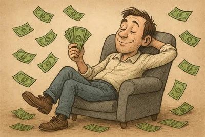 sentado en un sillón, tirando dinero