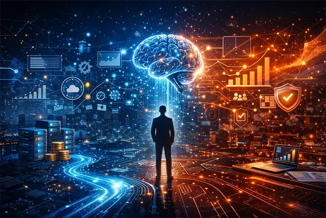 Ilustración de un humano interactuando con interfaces tecnológicas, simbolizando la integración de inteligencia artificial en la empresa y la estrategia digital