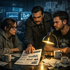 Marc está dormido al fondo del despacho, Darío enseña un esquema con pruebas y evidencias, Jordi y clara se miran desconfiados