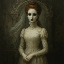 Figura femenina etérea en un palacio virtual cubierto de niebla digital y estética melancólica