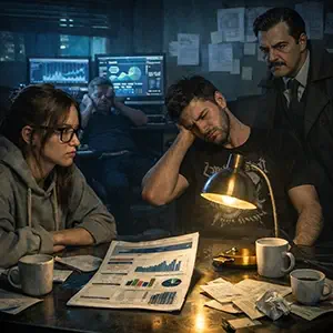 El detective Darío, descubre a Jordi como el culpable de la keyword
 desaparecida, Jordi se encoge en la silla y clara lo mira intensamente, Marc
 se despierta por la discusión