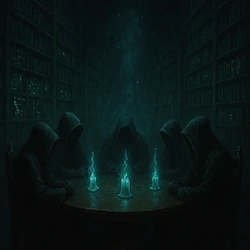 Ilustración de una reunión secreta en la Sociedad de los Martes, bajo un entorno digital en penumbra