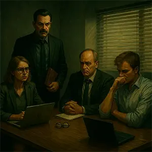 Tres responsables sentados y Darío de pie observándolos