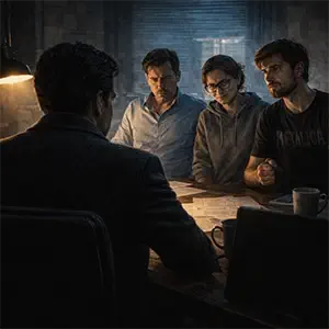 El detective Darío sentado frente a Marc, Jordi y Clara, los interroga la keyword desaparecida