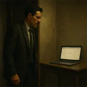 Darío frente a un portátil con la pantalla en blanco