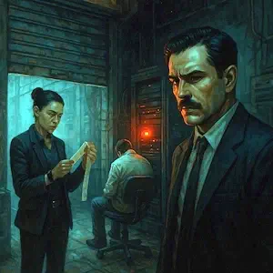 Darío y Ortega en un taller oscuro del Raval, frente al cuerpo de Víctor Montoya y una pantalla con un mensaje HTML