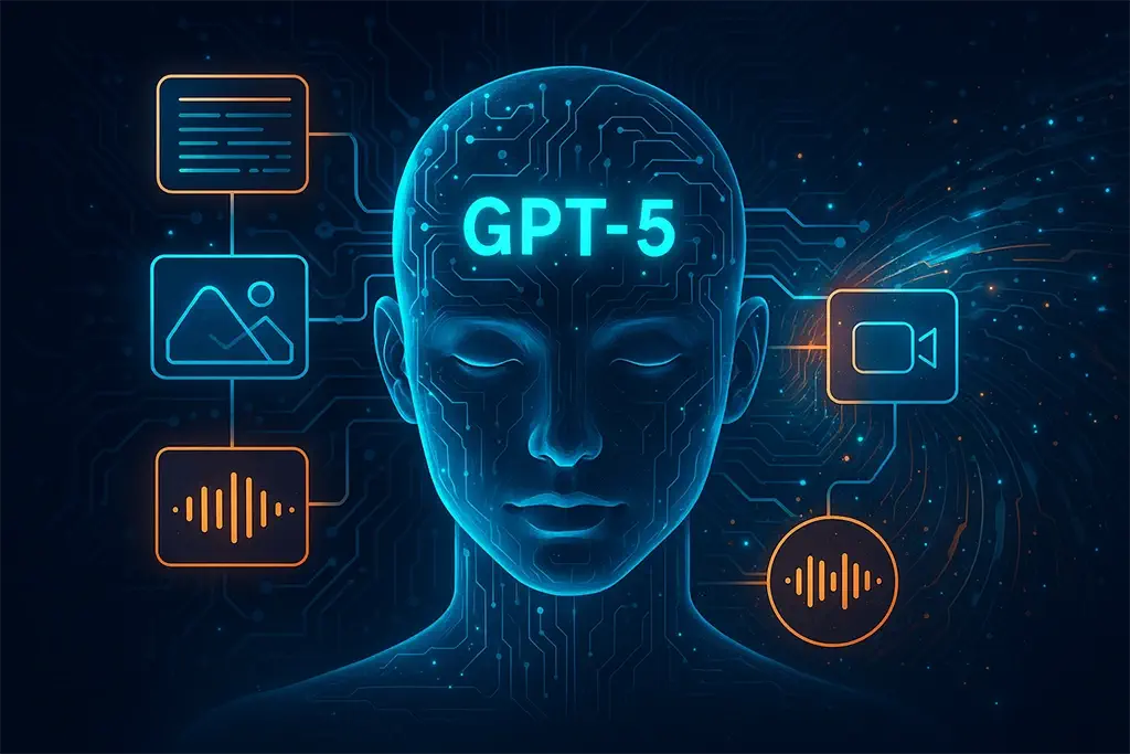 Cabeza digital con la inscripción GPT‑5 rodeada de iconos de datos interconectados