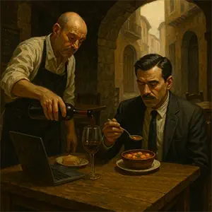 Darío comiendo un Marmitako en una terraza de Bilbao