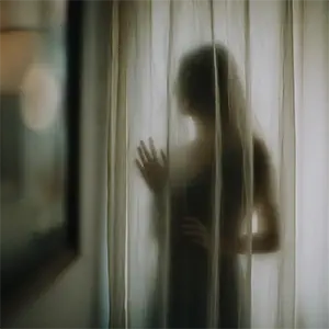 Captura ambigua con reflejos borrosos, una figura entre cortinas transparentes, y una sensación de no haber visto lo esencial