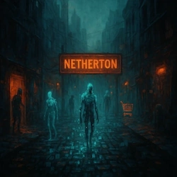 Ciudad digital llamada Netherton, con calles de píxeles y luces artificiales