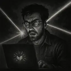 Retrato de Marcos, personaje de ciencia ficción en blanco y negro, con expresión decidida en un entorno digital oscuro y futurista