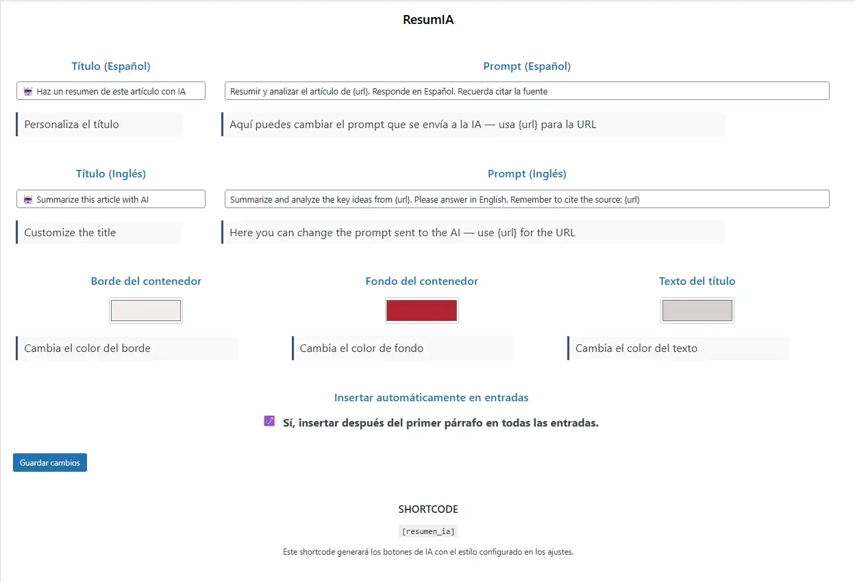 Panel de configuración del plugin