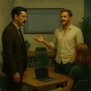 Darío en una sala con la diseñadora y el CEO