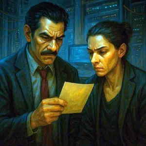 Darío y Ortega en un piso abandonado, leyendo un mensaje del algoritmo fantasma