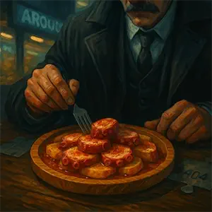 Darío, comiendo Pulpo a feira en el Mercado de San Agustín