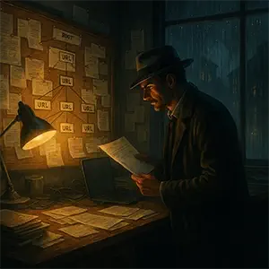 Observando documentos frente un panel de corcho con notas entrelazadas