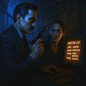 Darío apunta con su pistola a Ortega en un sótano iluminado tenuemente, mientras se miran con tensión frente a una terminal que muestra su nombre como objetivo del algoritmo