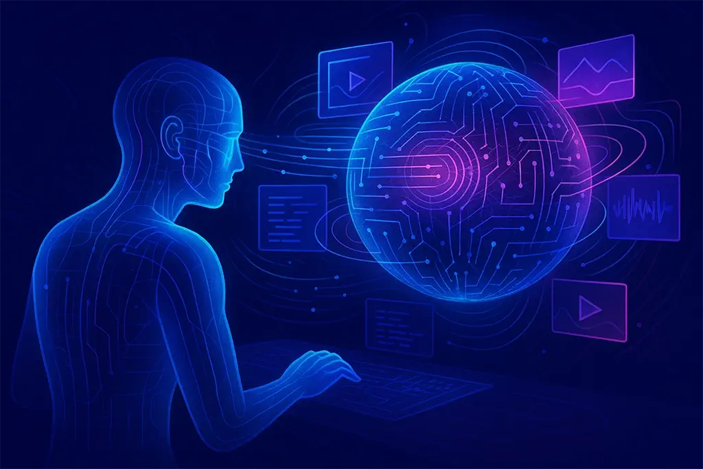 Humanoide futurista interactuando con una esfera de datos multimodales representando las capacidades de GPT‑5