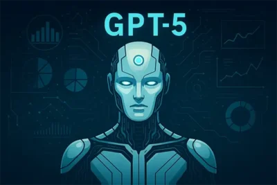 Robot futurista con la palabra en la frente, rodeado de gráficos y visualizaciones de datos