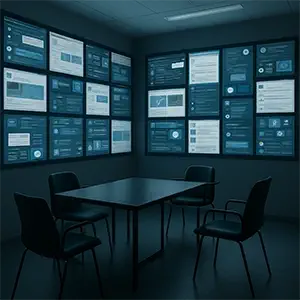 El salón de los blogueros. Interior digital con paredes cubiertas de pantallas, sillas vacías y un murmullo persistente en forma de notificaciones